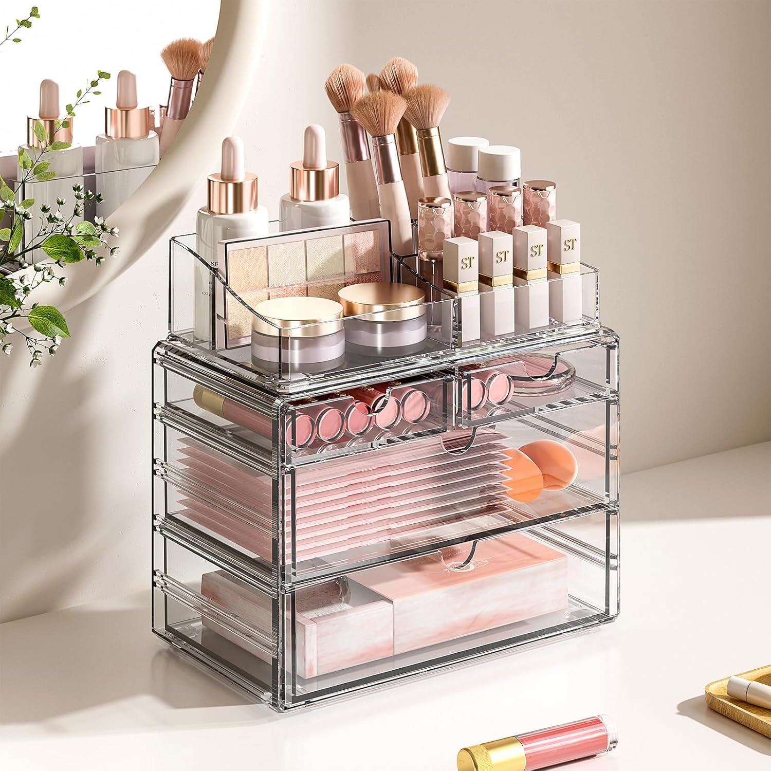 4-Tier Clear Makeup Organizer with Drawer - Stackable Acrylic Cosmetic Storage for Bathroom Vanity & Dresser Countertop, Make up & Jewelry Storage, Beauty Holder for Lipstick Brush Skincare