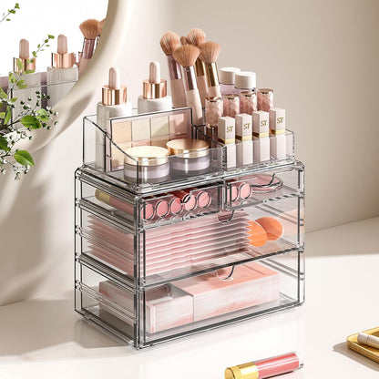 4-Tier Clear Makeup Organizer with Drawer - Stackable Acrylic Cosmetic Storage for Bathroom Vanity & Dresser Countertop, Make up & Jewelry Storage, Beauty Holder for Lipstick Brush Skincare