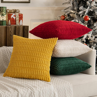 Pack of 4 Boho Farmhouse Dark Green and Yellow Corduroy Decorative Throw Pillow Covers 18X18 Inch Retro Soft Striped Pillow Covers Home Decor for Sofa Living Room Couch Bed