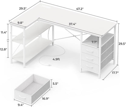 L-Shaped Office Desk with Power Outlets, 47-Inch Computer Desk Featuring 3 Drawers and Shelves for Gaming, Corner Work, Home Office, and Study - White Finish