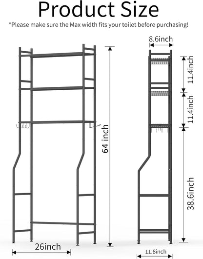 3-Tier Over-the-Toilet Storage Shelves, Freestanding Metal Bathroom Organizer with 4 Hooks, Black
