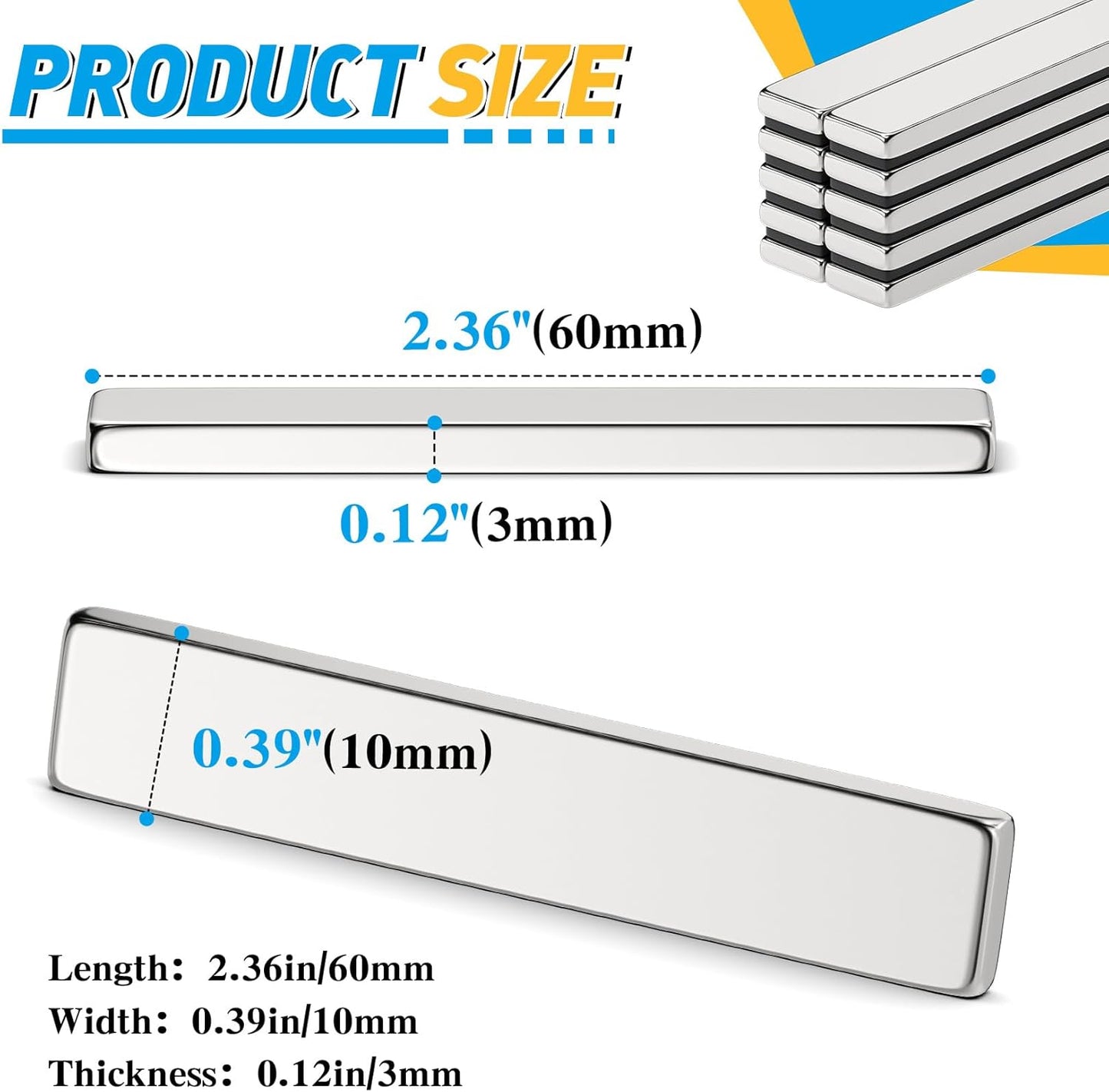 10Pack Magnets Bar Magnet Strips Permanent Rare Earth Magnets with Double-Sided Adhesive for Fridge, Garage, Kitchen, Science, Craft, Office, DIY