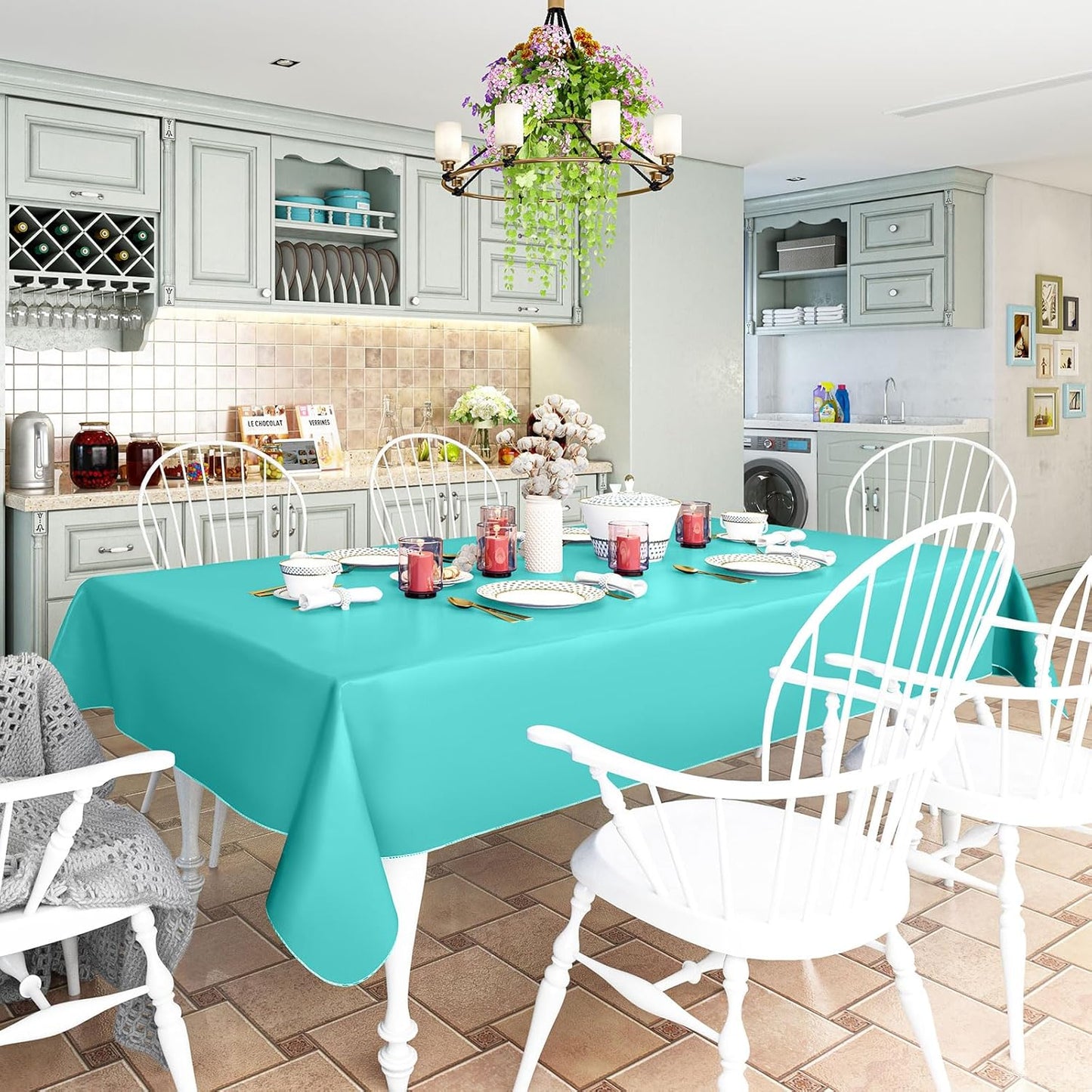 2 Pack Rectangle Vinyl Tablecloth, Waterproof Spillproof Plastic Flannel Backed Table Cloth, Wipe Clean Table Cover for Dining, Buffet Parties and Camping (Teal, 52" X 70")