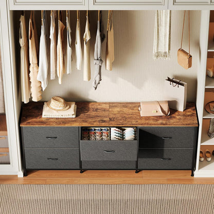 63-Inch Long Dresser and Wide TV Stand for 55-70 Inch TVs, 6-Drawer Storage Organizer with Fabric Drawers, Rustic Brown and Black Finish for Bedroom and Entryway