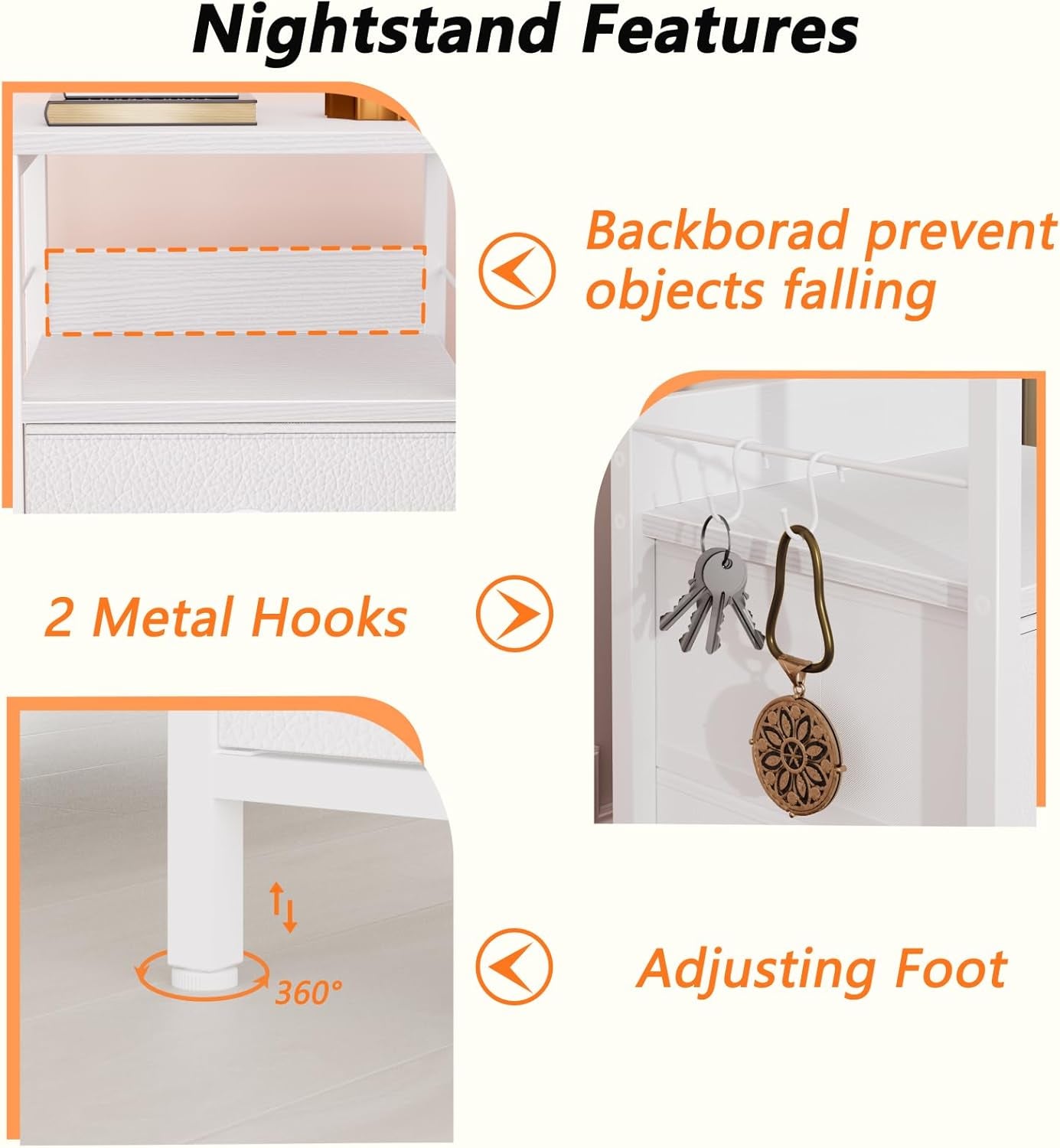 Nightstands Set of 2, End Table with 2 Fabric Drawers, Night Stand with 2 Hooks, Open Wood Shelf Bedside Table for Bedroom/Living Room/White