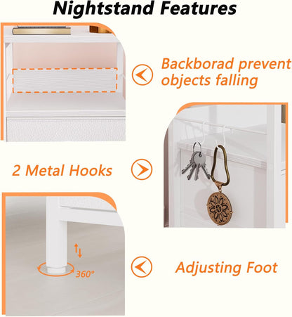 Nightstands Set of 2, End Table with 2 Fabric Drawers, Night Stand with 2 Hooks, Open Wood Shelf Bedside Table for Bedroom/Living Room/White