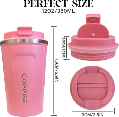 Insulated Travel Coffee Mug, Spill & Leak Proof, Portable to Go Camping Stainless Steel Coffee Tumbler, Reusable Thermal Coffee Cup with Lid for Hot & Cold Drinks (2Nd-Pink, 12 OZ)