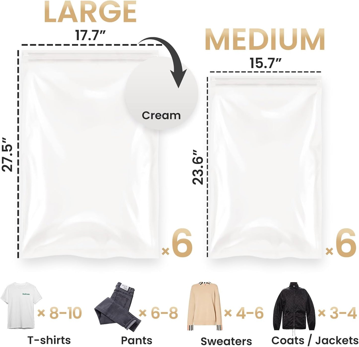 12 Pack Travel Compression Bags, Roll up Space Saver Bags (6 Large+6 Medium), No Vacuum Needed Reusable Packing for Luggage, Suitcase, Backpack, Travel Essentials, Cream