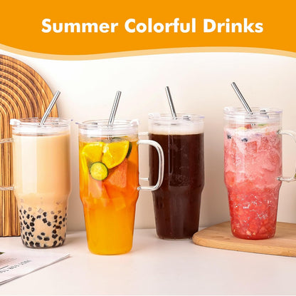 33Oz Glass Tumbler with Lid and Straw, 4 Pack Glass Cup with Handle, Iced Coffee Cups, Thick Drinking Glasses Set, Clear Travel Mug for Hot and Cold Beverage, Drinks, Tea, Smoothie