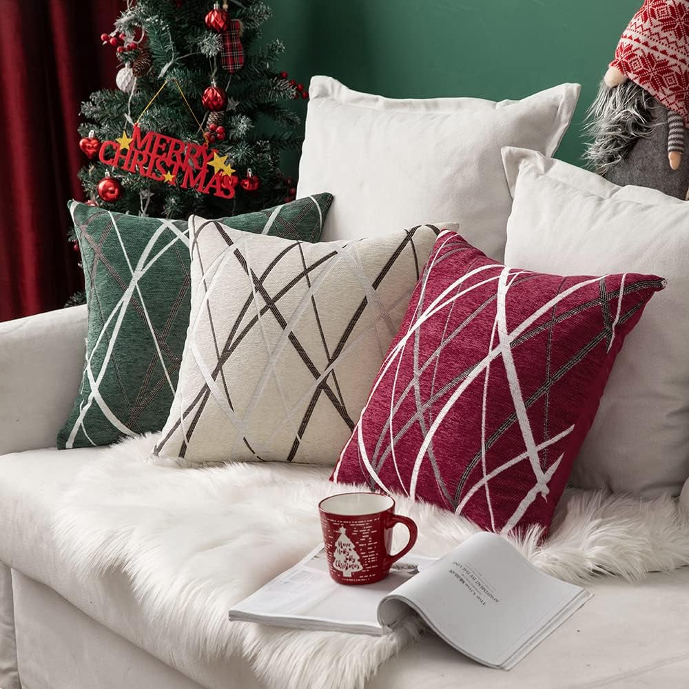 Pack of 2 Decorative Throw Pillow Covers Cute Woven Textured Chenille Cozy Modern Concise Soft Beige Square Cushion Shams for Bedroom Sofa Car 18 X 18 Inch