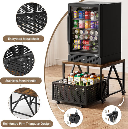 Mini Fridge Stand with Storage, Heavy Duty Fridge Cart with Drawer Basket, Mini Refrigerator Table for 220 LBS, Mobile Fridge Stand with Swivel Wheels for Dorm,Office,Home,Retro Brown