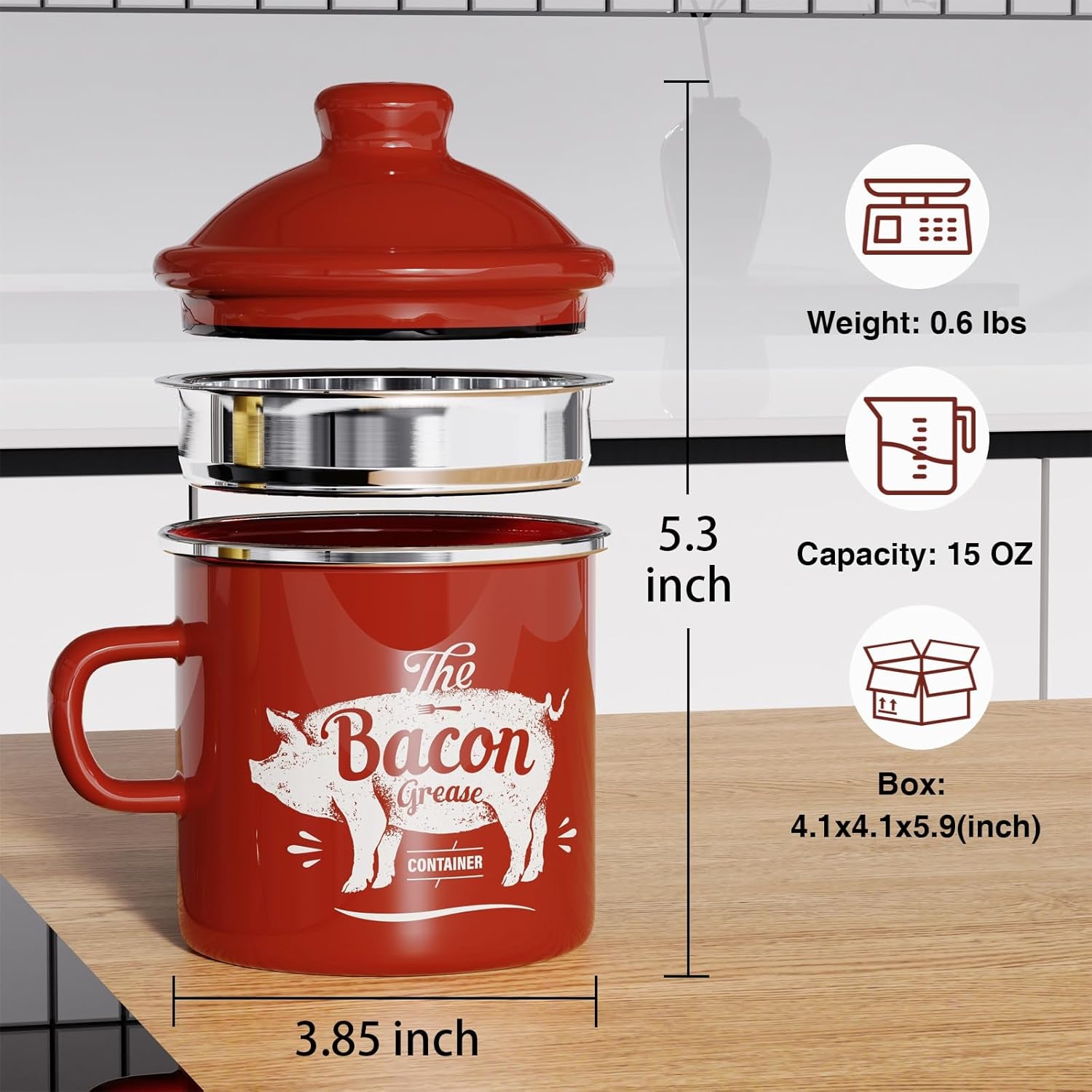Mini Bacon Grease Container with Strainer - 15OZ Enamel Grease Saver, Farmhouse Bacon Grease Keeper for Kitchen Fat Storage, Dishwasher Safe-Red