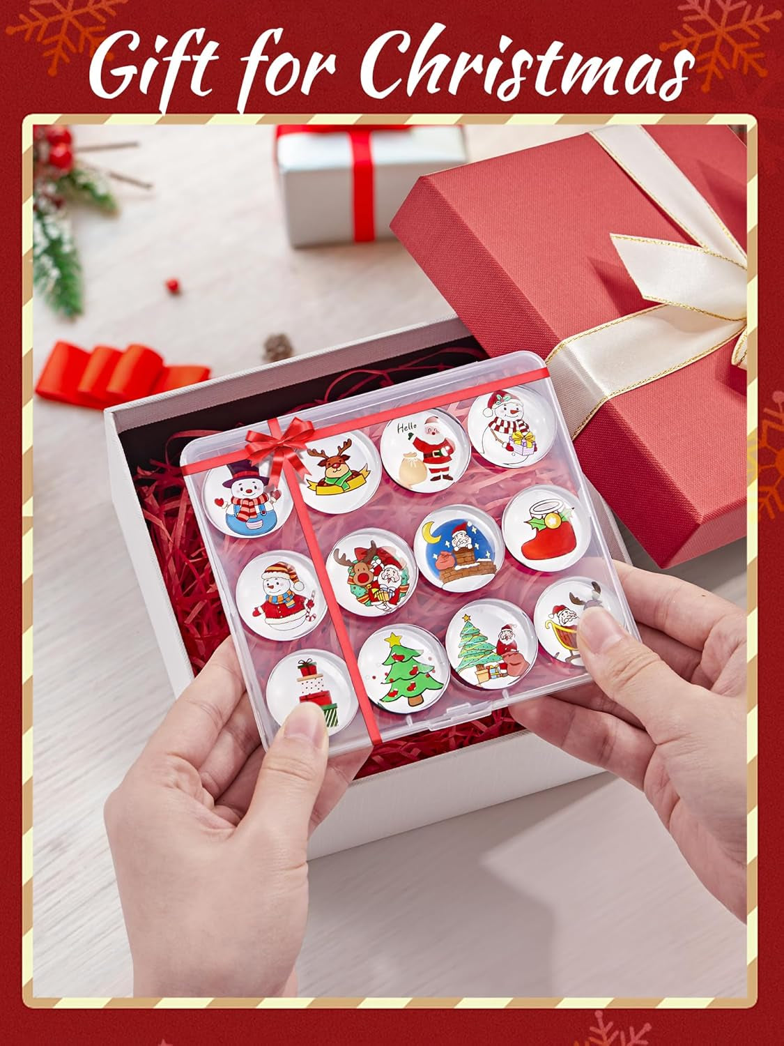 12-Pack Christmas Magnets for Fridge, Glass Christmas Refrigerator Magnets, Small Xmas Decorative Magnets, Cute Funny Fridge Magnets for Home Kitchen Office Dishwasher (Round Shape)