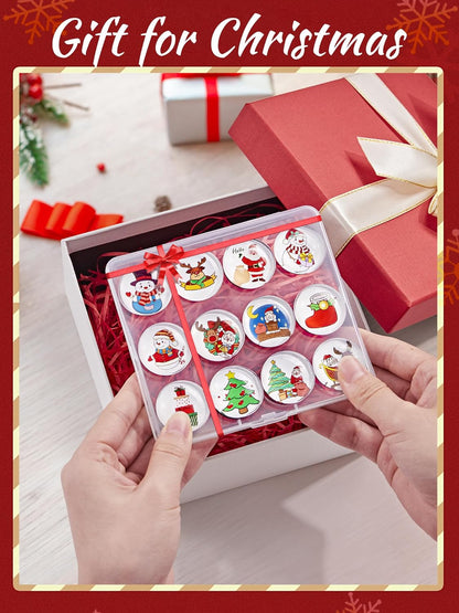 12-Pack Christmas Magnets for Fridge, Glass Christmas Refrigerator Magnets, Small Xmas Decorative Magnets, Cute Funny Fridge Magnets for Home Kitchen Office Dishwasher (Round Shape)