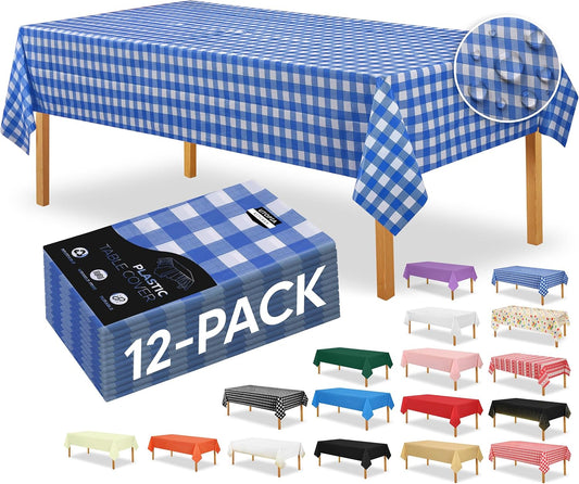 Plastic Table Cloth Disposable (12 Pack - 54X108 Inch) Blue Check Rectangle Tablecloth Waterproof Stain Resistant Party Table Cover
