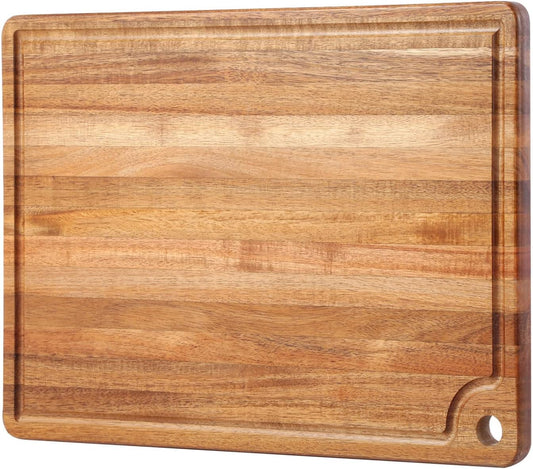 Acacia Wood Cutting Board - Premium 18 x 12 Inch Butcher Block with Juice Groove and Handle Hole for Meat, Vegetables, and Cheese
