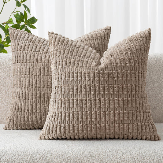 Set of 2 Soft Corduroy Decorative Throw Pillow Covers, 18x18 Inches, Boho Striped Design for Modern Farmhouse Home Decor, Light Brown
