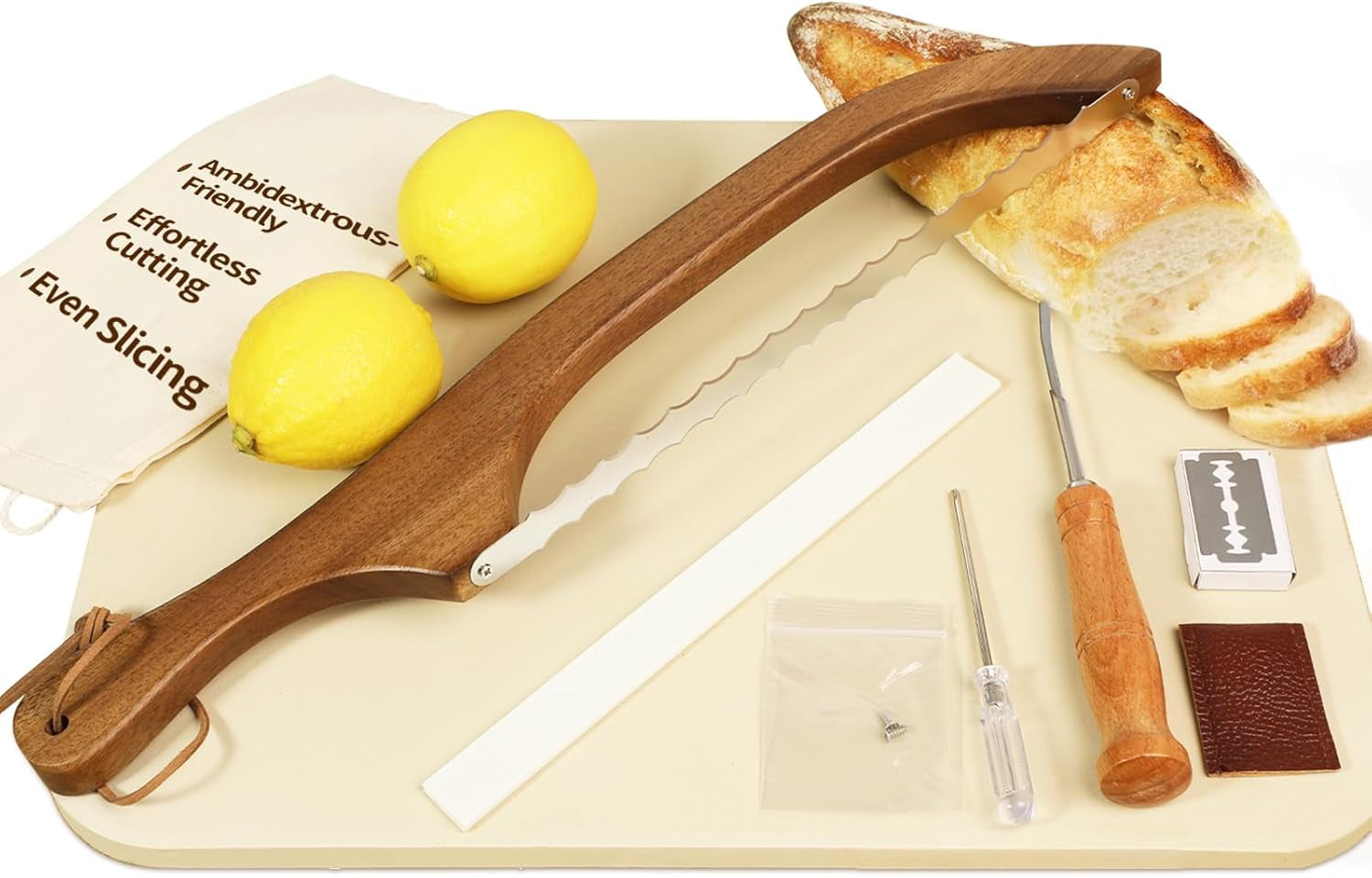 Serrated Bread Knife with Accessories - 15.7" Acacia Wood Bow, Double Serrated Stainless Steel Blades, Sourdough Bread Knife for Homemade Bread Sourdough, Bagels, Baguettes, Cheese, Fruit, Cake