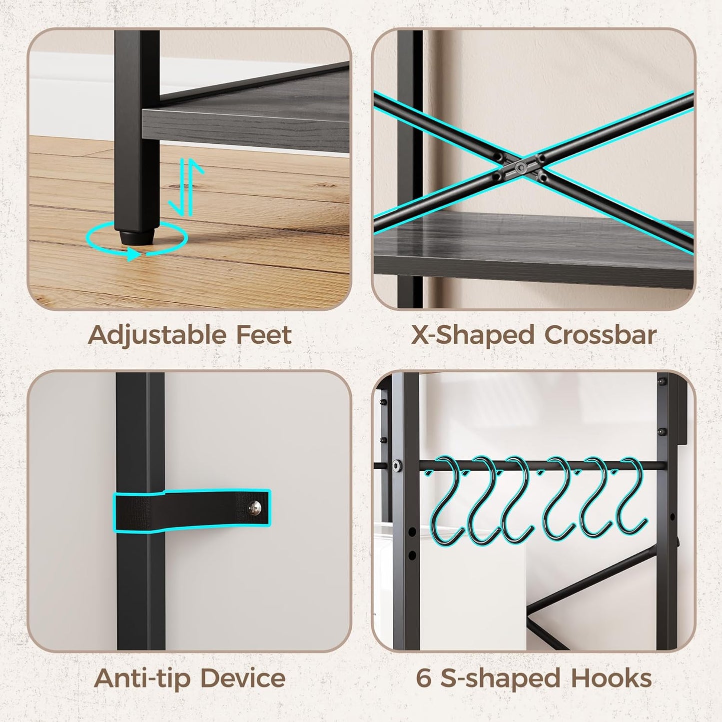 Professional Kitchen Bakers Rack with Power Outlet, 4-Tier Coffee Bar Table, Microwave Stand with 6 S-Shaped Hooks, Storage Shelf for Spices, Pots, and Pans - Charcoal Gray