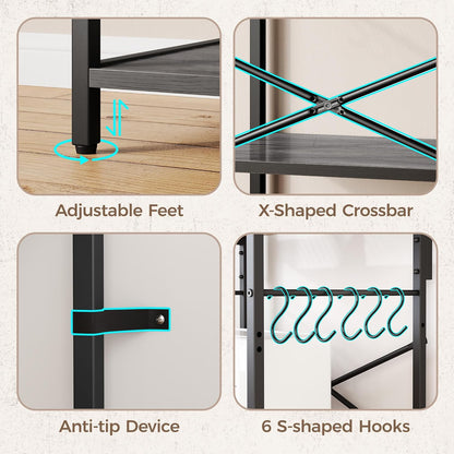 Professional Kitchen Bakers Rack with Power Outlet, 4-Tier Coffee Bar Table, Microwave Stand with 6 S-Shaped Hooks, Storage Shelf for Spices, Pots, and Pans - Charcoal Gray