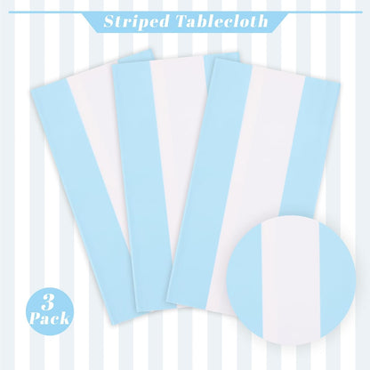 3 Packs Light Blue and White Striped Table Cloth 54 X 108 Inches Bluey Stripe Table Cover Disposable Plastic Beach Tablecloths Waterproof Rectangle Picnic Tablecover for Pool Birthday Party