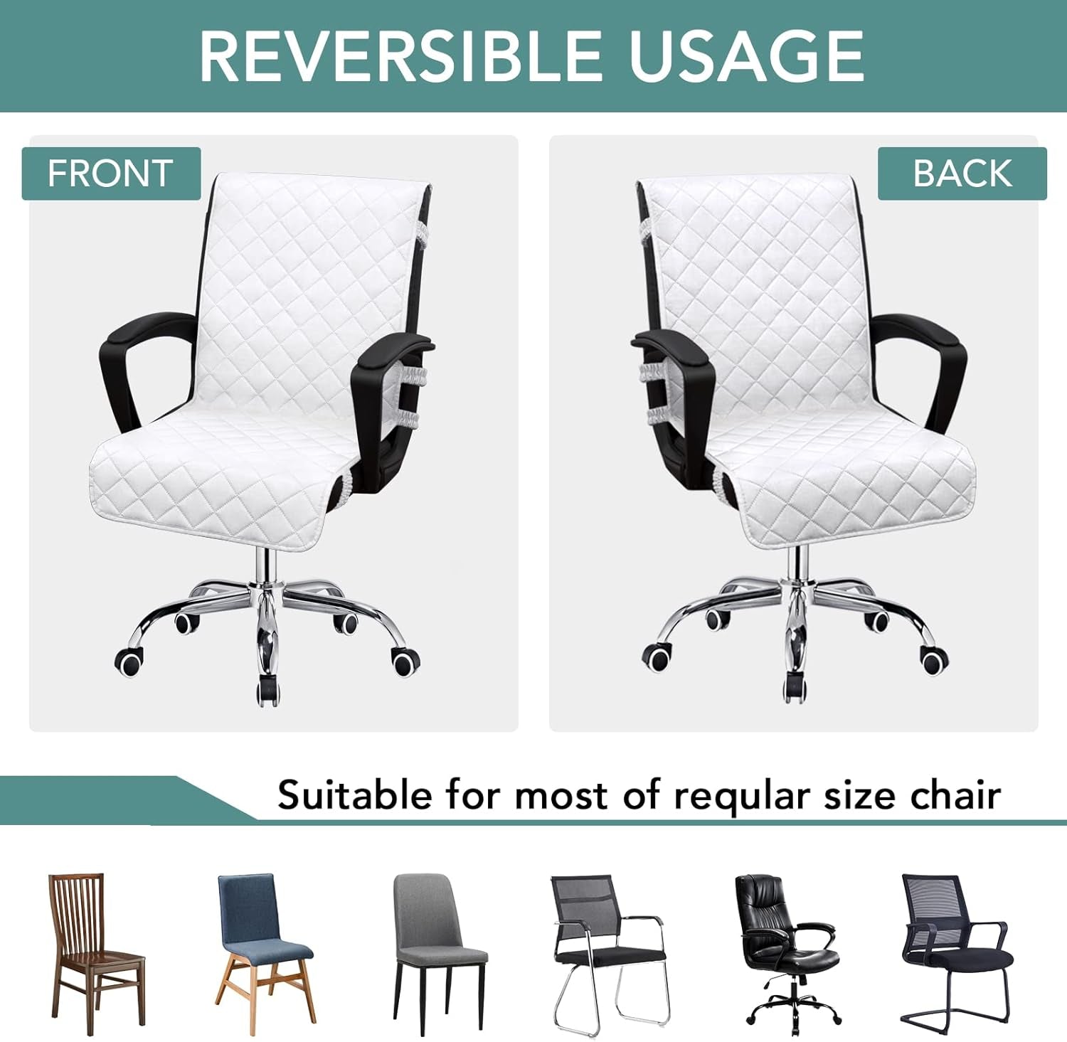 Reversible Office Chair Cover Water Resistant Dining Chair Cover Soft Desk Computer Chair Slipcover with Anti-Slip Buckle for Armchair or Armless Chair (Medium, White/White)