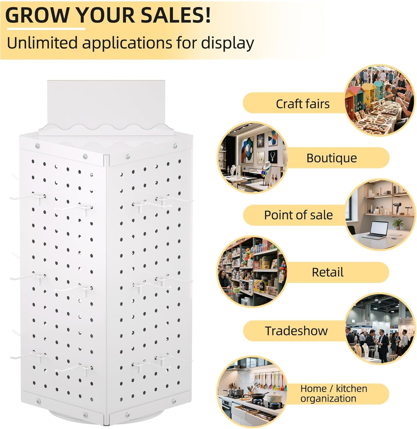 Metal Spinning Peg Board Display Stand with Removable Hooks – Earring Display Stands, Jewelry Display for Vendors White