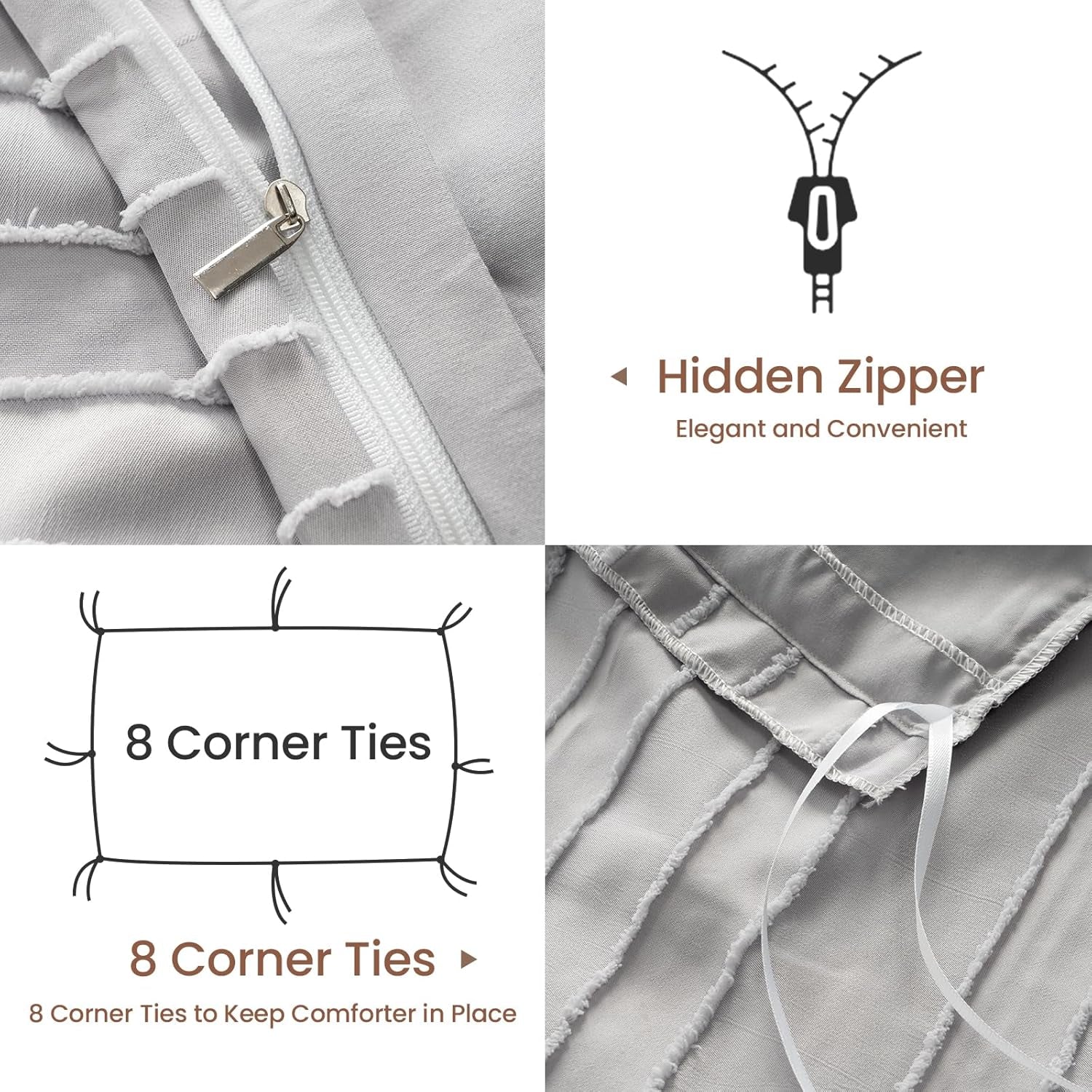 Light Grey Duvet Cover King Size - Striped Tufted King Duvet Cover Set with Zipper Closure, 3Pcs Soft Microfiber Boho Bedding Set for All Seasons (King, 104"X90")