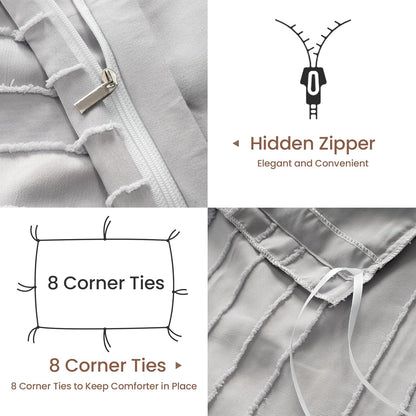 Light Grey Duvet Cover King Size - Striped Tufted King Duvet Cover Set with Zipper Closure, 3Pcs Soft Microfiber Boho Bedding Set for All Seasons (King, 104"X90")