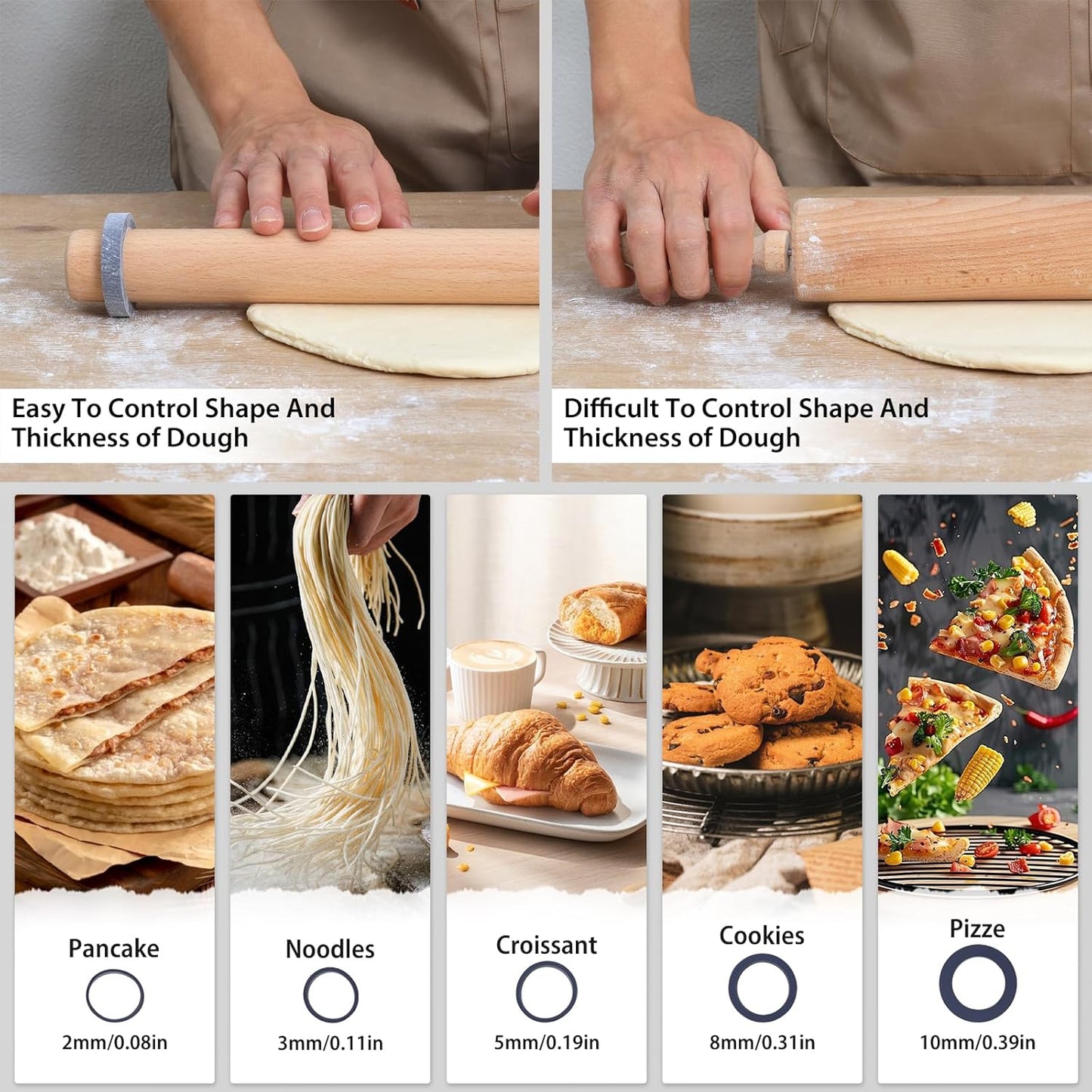 Adjustable Wood Rolling Pin with Thickness Rings for Baking -Non Stick Wooden Dough Roller Pin with Spacer Bands for Cookie,Pie Crust, Pastry Fondant and Bread by  (15.8, Grey)