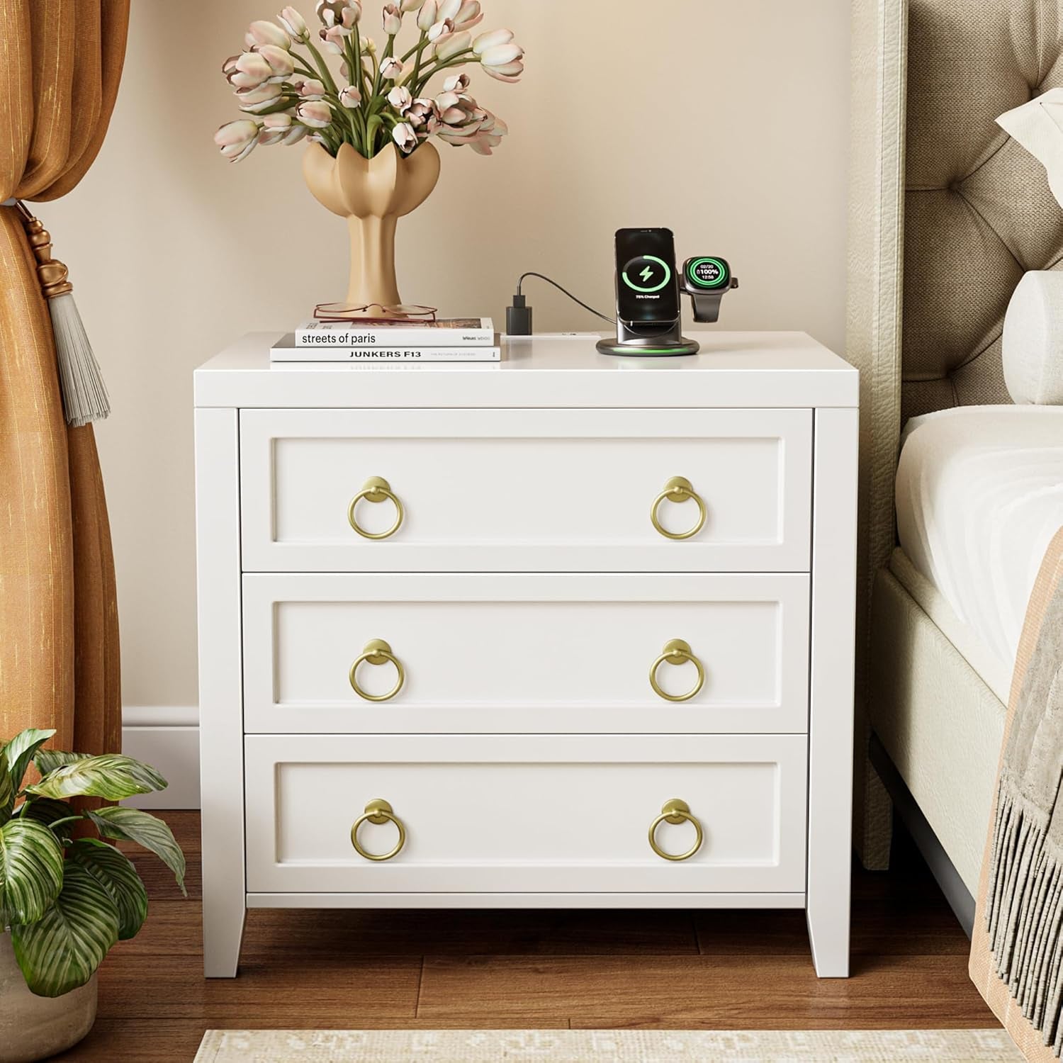Modern White Nightstand Set of 2 with Charger Station and USB-C Port, 3 Drawer Bedside Tables, Larger and Wider Design for Bedroom