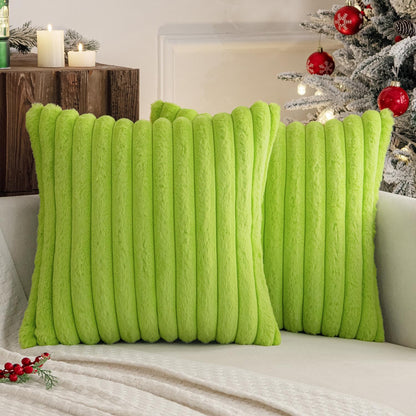 Faux Fur Plush Decorative Throw Pillow Covers Set of 2 Luxury Soft Fluffy Striped Pillowcases Cushion for Sofa Couch Bed Living Room Christmas Green 16X16 Inch