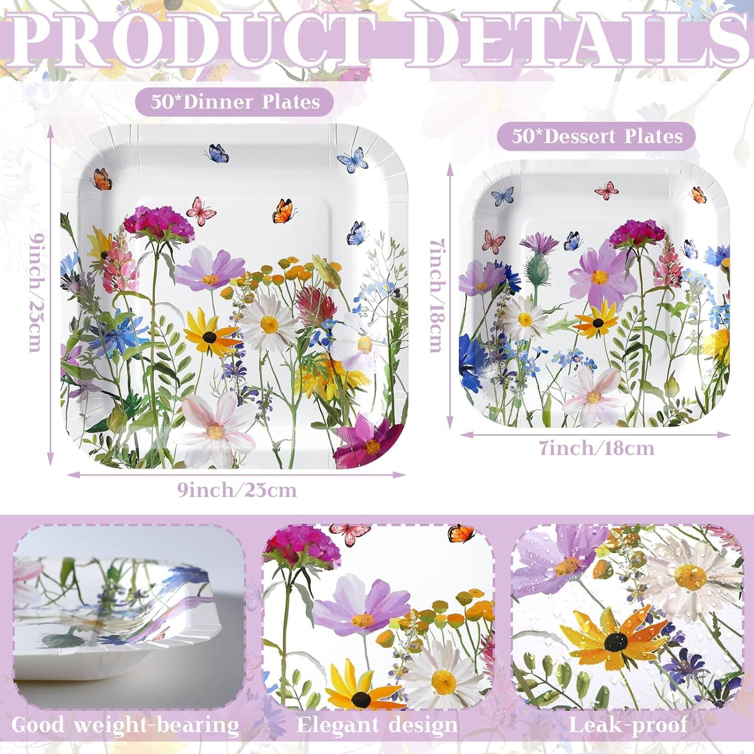 100-Piece Floral Disposable Paper Plate Set - 9'' Dinner Plates and 7'' Square Dessert Plates for Birthdays, Weddings, Baby Showers, and Parties (Sweet Color, Wildflower Design)