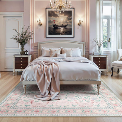 8X10 Butterfly Pink Area Rug for Living Room, Soft Boho Kids Rugs for Bedroom Classroom Rubber Backed, Thin Stain Resistant Floral Large Carpet Non Shedding for Playroom