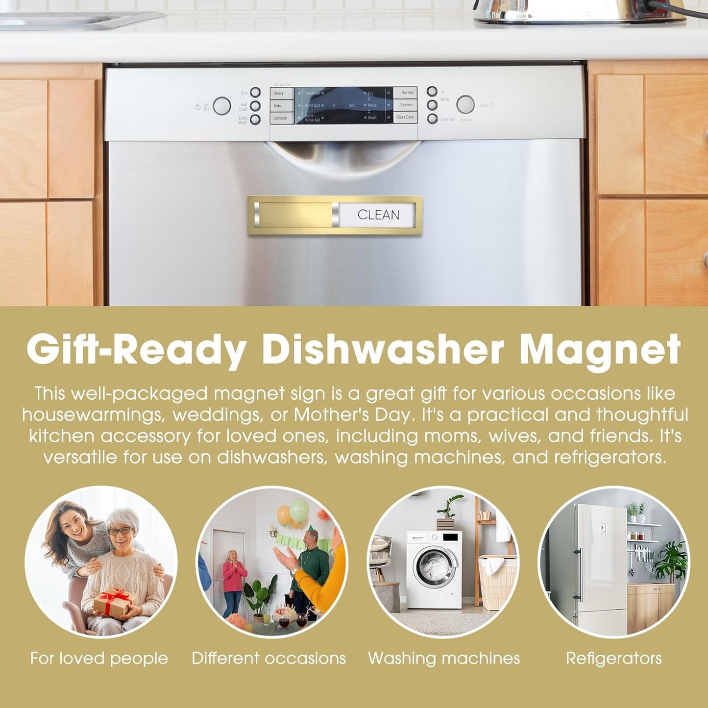 Dishwasher Magnet Clean Dirty Sign,Premium Stainless Steel Grade 304,Matte Finish Clean/Dirty Indicator with Strong Magnet, Home Kitchen Decor & Thoughtful Gift for Friends​(Golden-03)