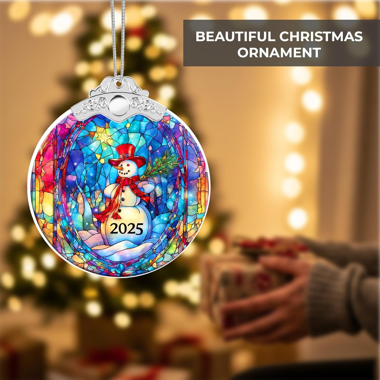 Christmas Ornaments 2025 Faux Stained Glass Effect, Christmas Tree Ornaments Dated, Acrylic Suncatcher Gifts Exchange, Unique Suncatcher Xmas Stocking Stuffers for Women, Men (Snowman Art)