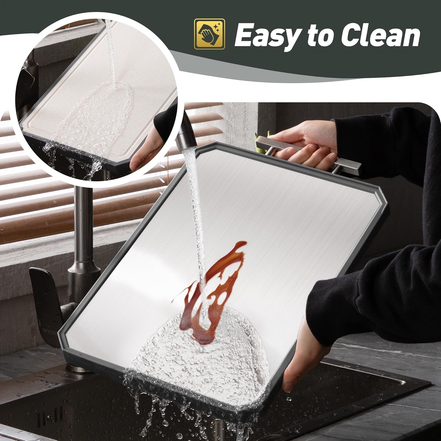 2 in 1 Stainless Steel Cutting Board with Handle Chopping Large Big Small Metal Carving Kitchen Meat Butcher Block Not Titanium Wood Bamboo Glass Marble Stone Rubber Plastic Silicone Acrylic Teak Sink