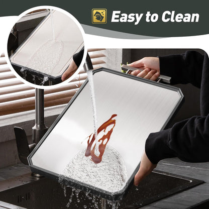 2 in 1 Stainless Steel Cutting Board with Handle Chopping Large Big Small Metal Carving Kitchen Meat Butcher Block Not Titanium Wood Bamboo Glass Marble Stone Rubber Plastic Silicone Acrylic Teak Sink