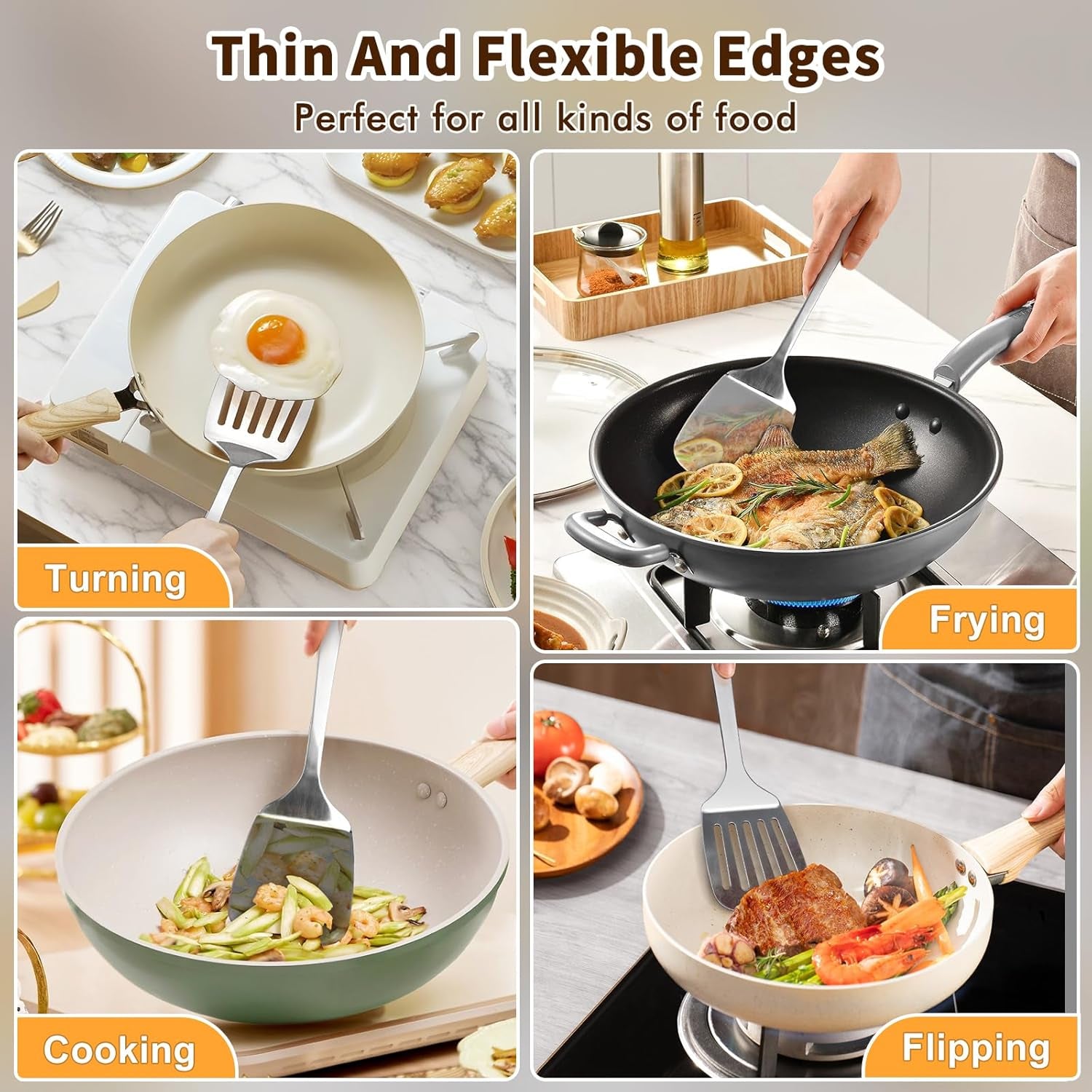 2 Pcs Stainless Steel Spatulas Set, Metal Spatula Solid & Slotted Turner, Heavy Duty Sturdy Spatula for Kitchen Use, High Heat Resistant Cooking Utensils for Fish Eggs Pancakes, Easy to Clean, Silver