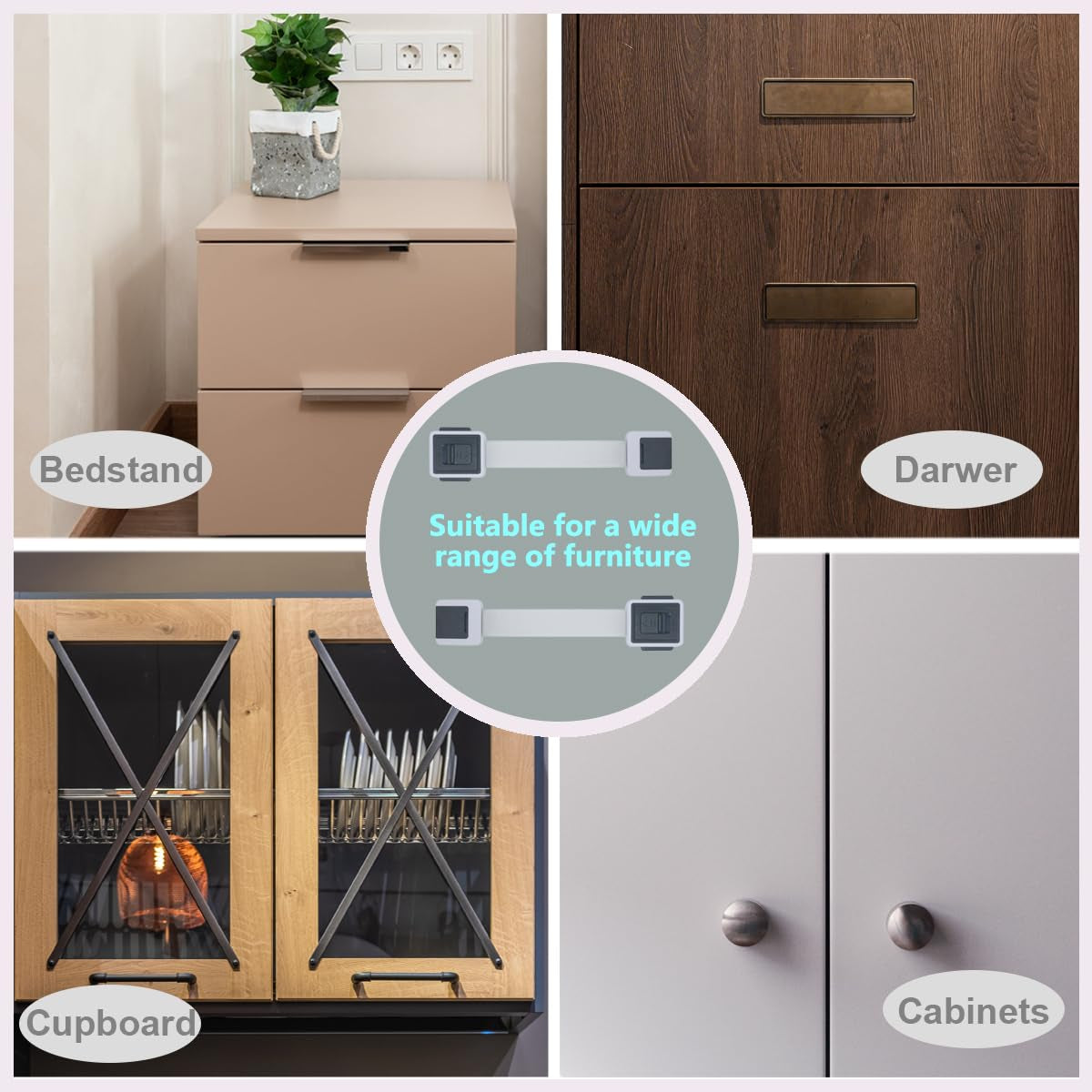 Child Proof Cabinet Locks, 4 Pack Child Locks for Drawer Cupboard Dishwasher Cupboard Pantry and Toilet. Adhesive Safety Baby Proofing Fridge Lock for Kids and Toddler