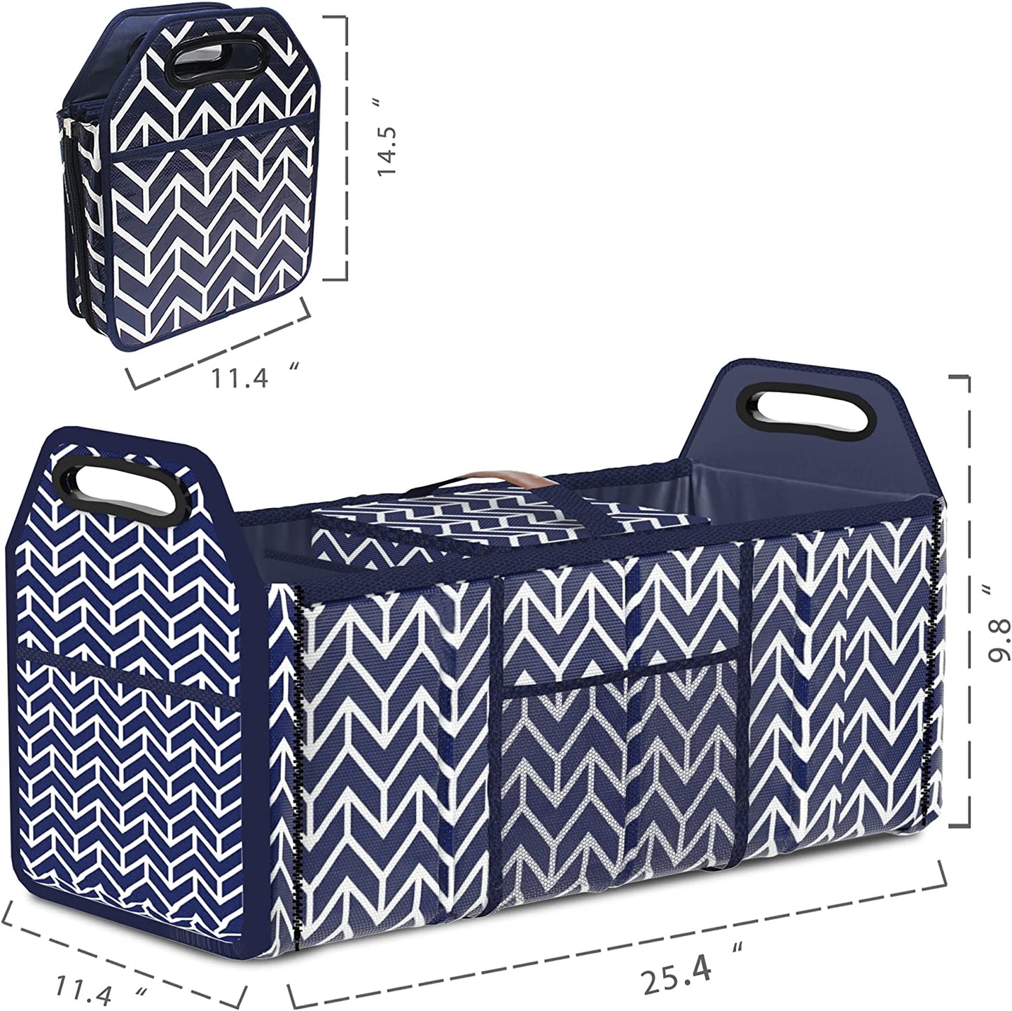 Foldable Car Trunk Organizer and Insulation Cooler Bag with Collapsible Design and Three Compartments for SUV Storage, Navy Blue