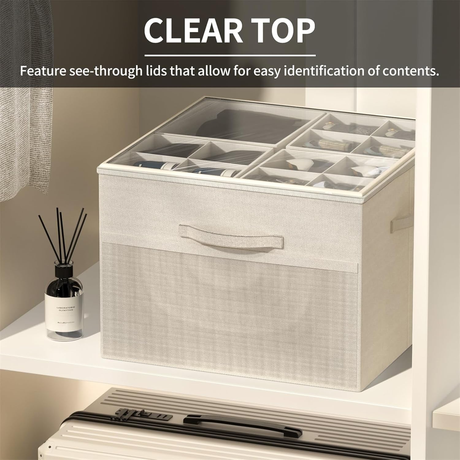 Shoe Organizer for Closet, 2 Pack Foldable Shoe Storage Organizer Box Bin with Adjustable Dividers and Clear Cover, Fits up to 16-32 Pairs (Beige)