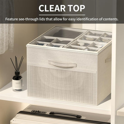 Shoe Organizer for Closet, 2 Pack Foldable Shoe Storage Organizer Box Bin with Adjustable Dividers and Clear Cover, Fits up to 16-32 Pairs (Beige)