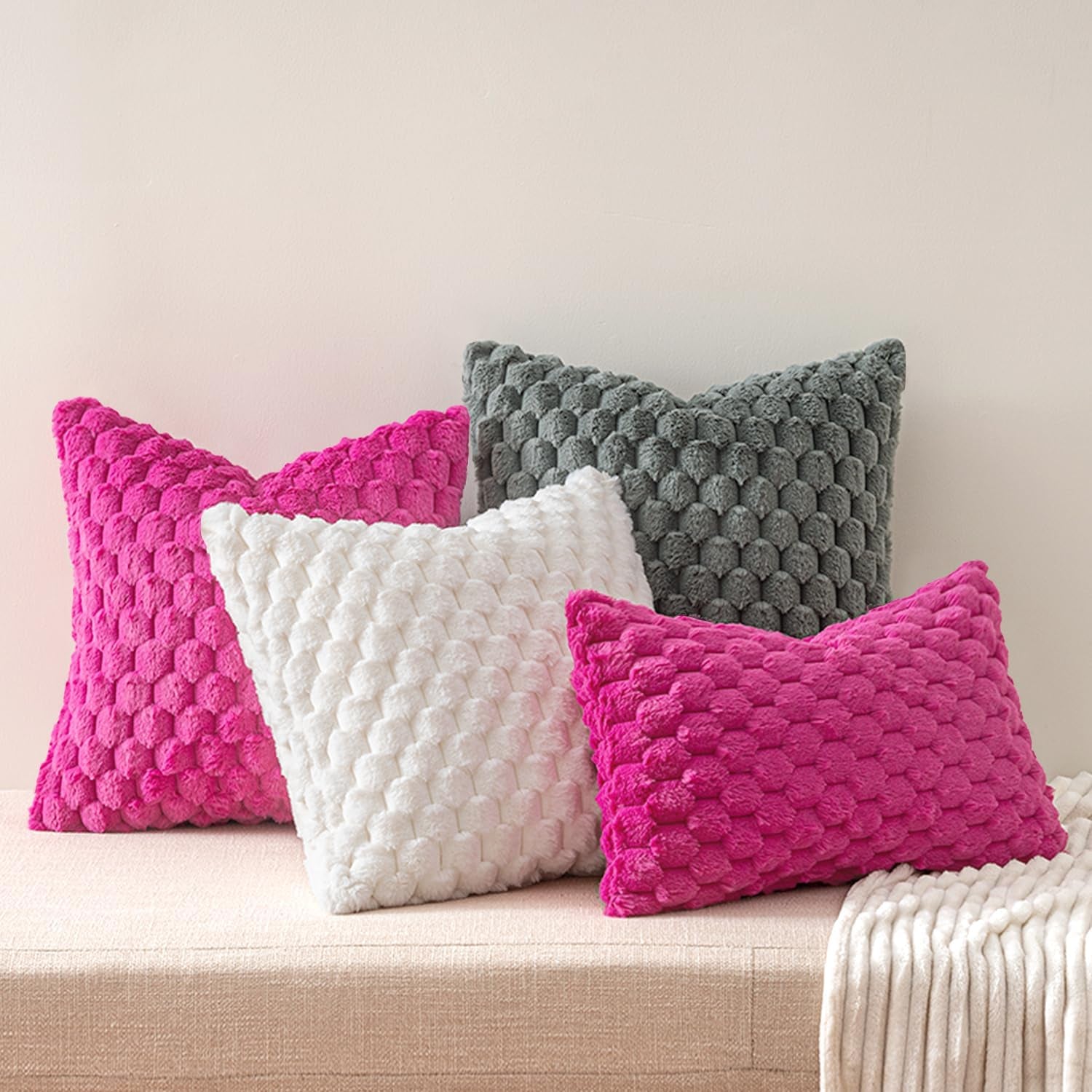 Hot Pink Faux Fur Decorative Throw Pillow Covers 18X18 Inch Set of 2 Super Soft Cozy Plush Cushion Cases Luxury Fluffy Pillowcases for Sofa Couch Bed Living Room