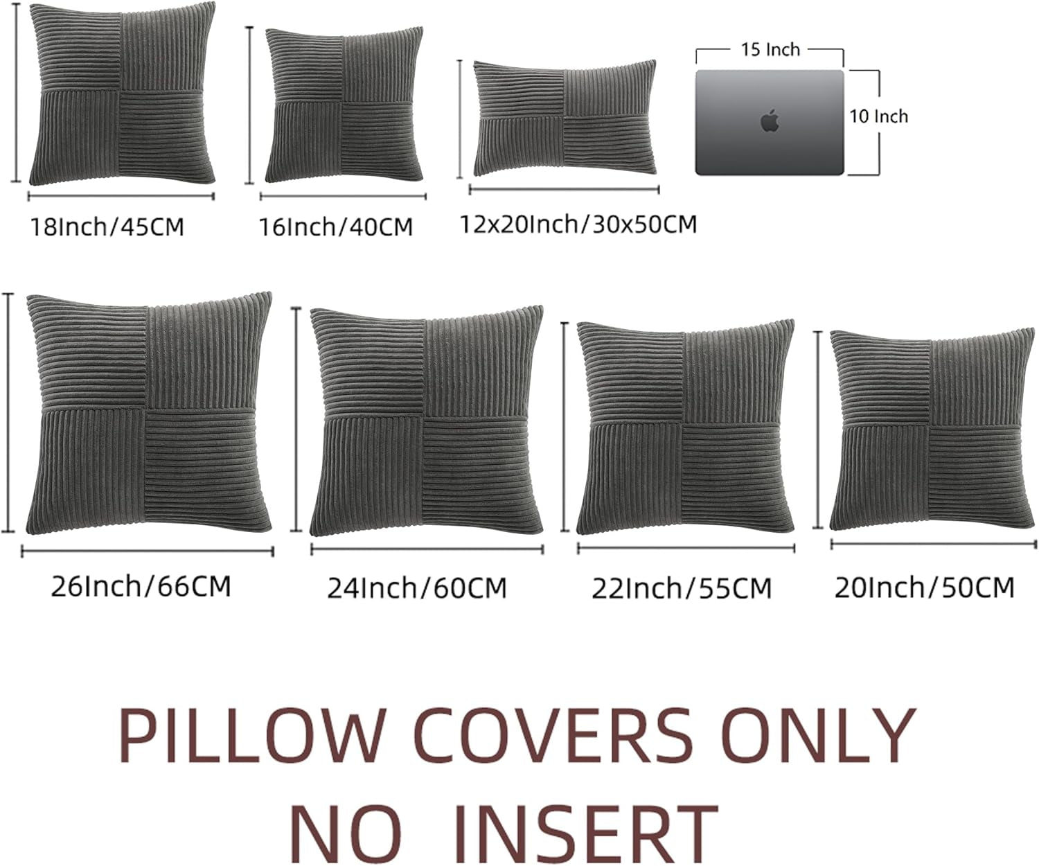 2 Packs Dark Gray Decorative Throw Pillow Covers 18X18 Inch for Living Room Couch Sofa, Rustic Farmhouse Boho Home Decor, Soft Corss Corduroy Patchwork Textured Square Cushion Case 45X45 Cm