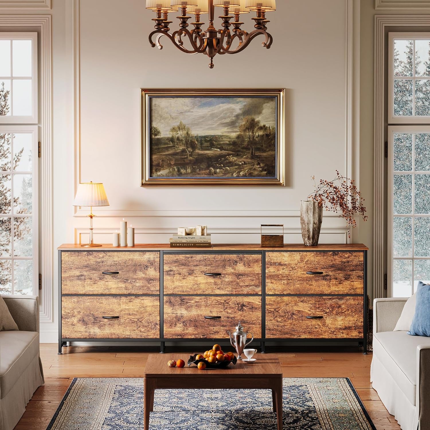 63-Inch Rustic Brown Dresser and TV Stand, Suitable for 55 to 70 Inch TVs, Featuring 6 Fabric Drawer Storage for Bedroom and Entryway Organization