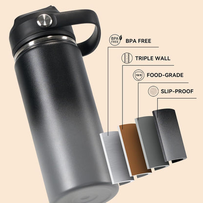 18Oz Insulated Stainless Steel Water Bottle, Wide Mouth Double Wall Vacuum, Silicone Straw, Sweat & Leak Proof, BPA Free Insulated Water Flask for Travel, Keep Cold 24H Hot 12H, Grey