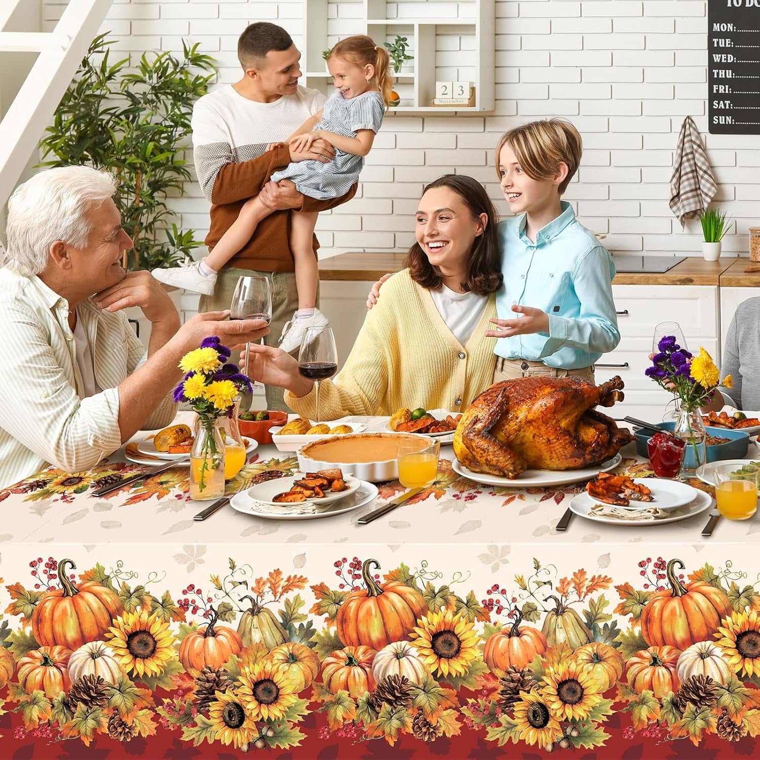 3 Pack 108X54 Inch Fall Tablecloths, Sunflower Pumpkin Tablecloth,Plastic Disposable Rectangle Table Cover for Autumn Harvest Thanksgiving Halloween Party Decorations