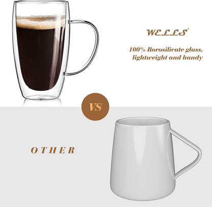 2-Pack 15 Oz Double Walled Glass Coffee Mugs with Handle,Large Insulated Layer Coffee Cups,Clear Borosilicate Mugs,Perfect for Cappuccino,Tea,Latte,Espresso,Hot Beverage,Wine,Microwave Safe