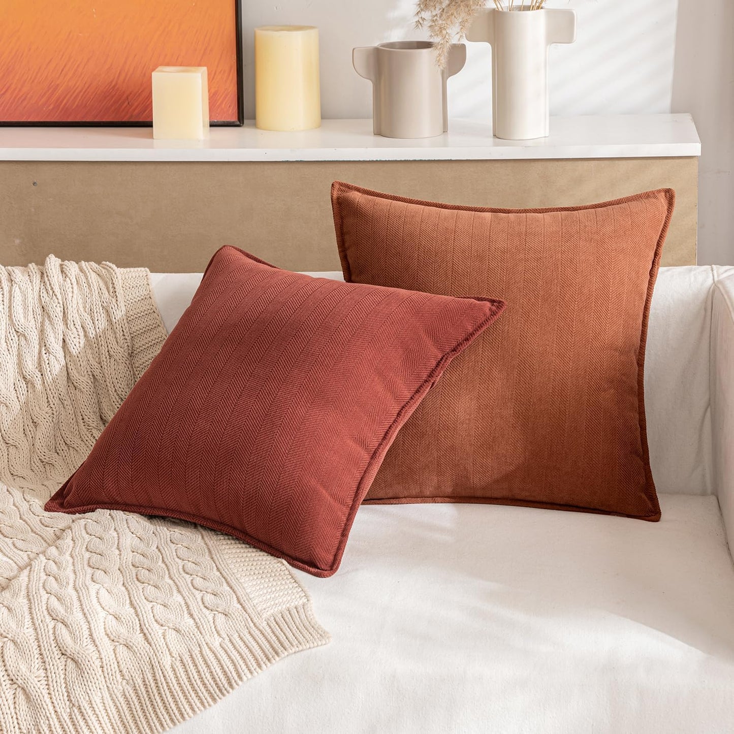 Set of 2 Burnt Orange Chenille Decorative Pillow Covers, 20x20 Inch - Luxurious Farmhouse Cushion Covers for Sofa, Bedroom, and Living Room Home Decor